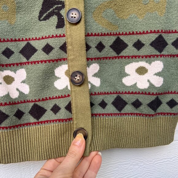 Cider Detail Collar Button Cardigan w Mushrooms Flowers Retro Print - Picture 4 of 5